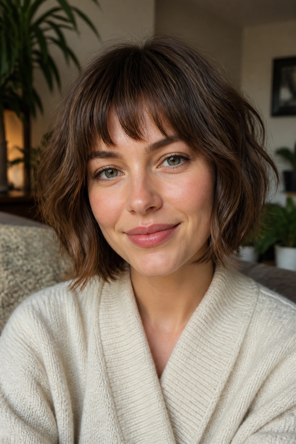 Close-up of a person with chin-length layered choppy bangs