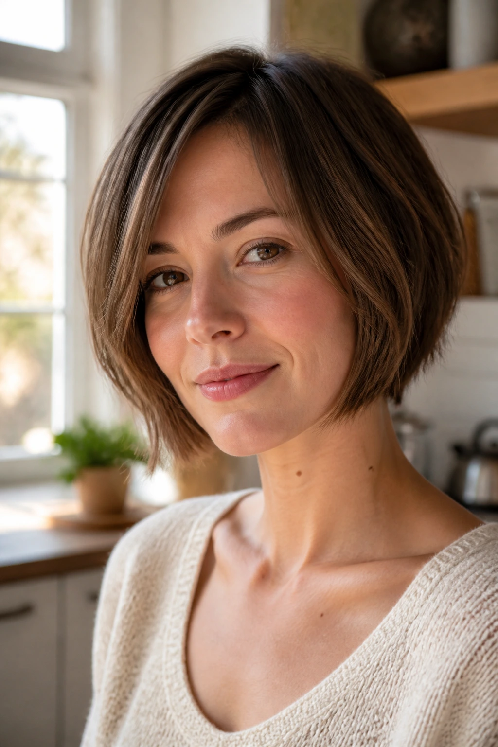 Close-up portrait of a real woman with a chin-length layered bob.