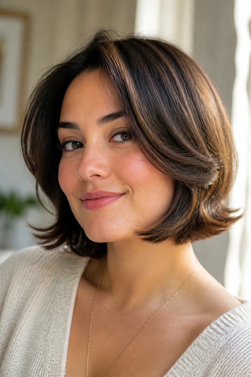 Close-up portrait of a real person with layered chin-length cut and flipped ends.