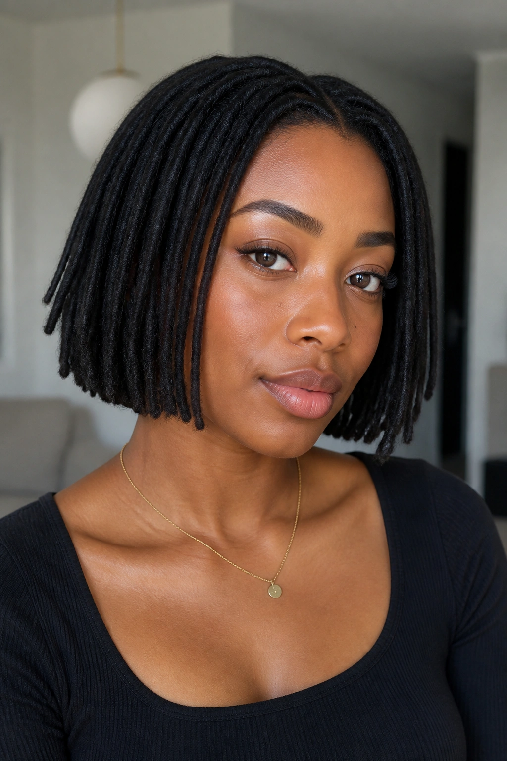Close-up of chin-length loc bob with blunt ends on a real person.