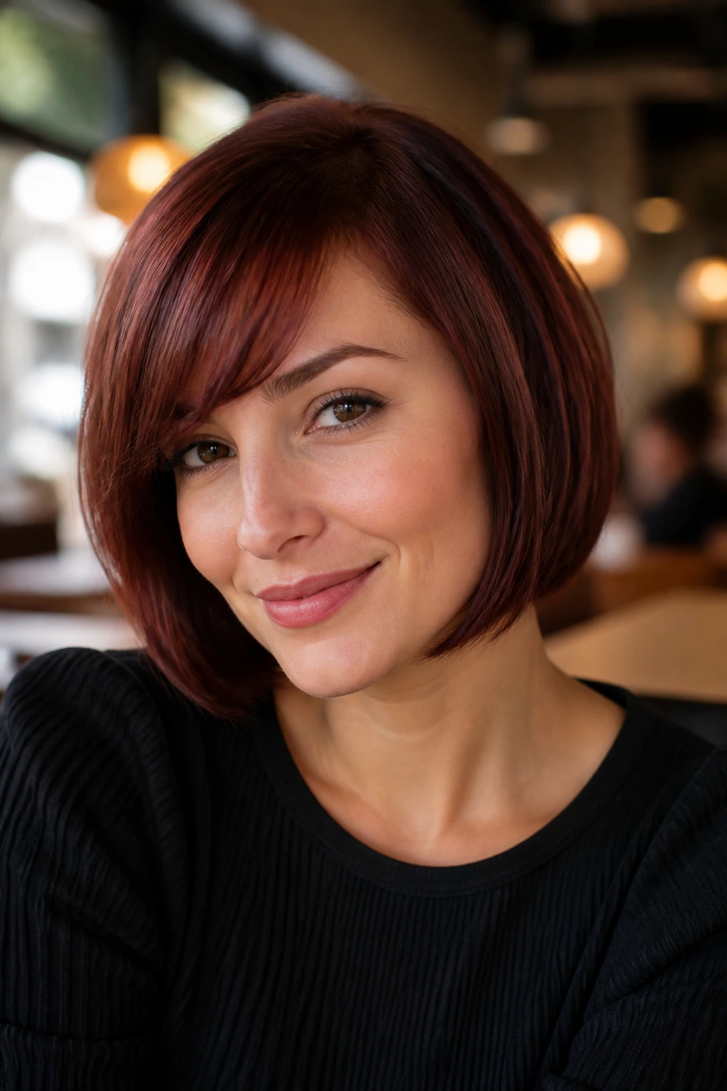 Real woman with chin-length mahogany bob and diagonal side bangs in warm light