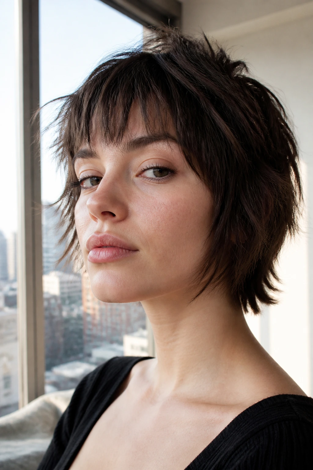 Close-up portrait of a real woman with a chin-length micro shag in bright window light
