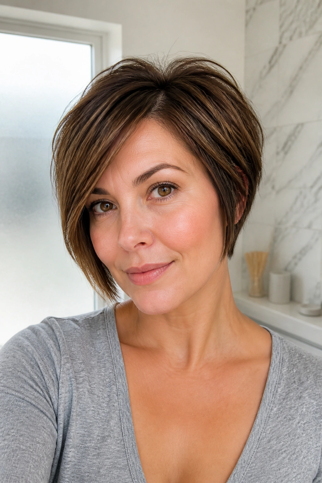 Close-up portrait of a real woman with Chin-Length Stacked Pixie Bob, tapered nape and crown lift.