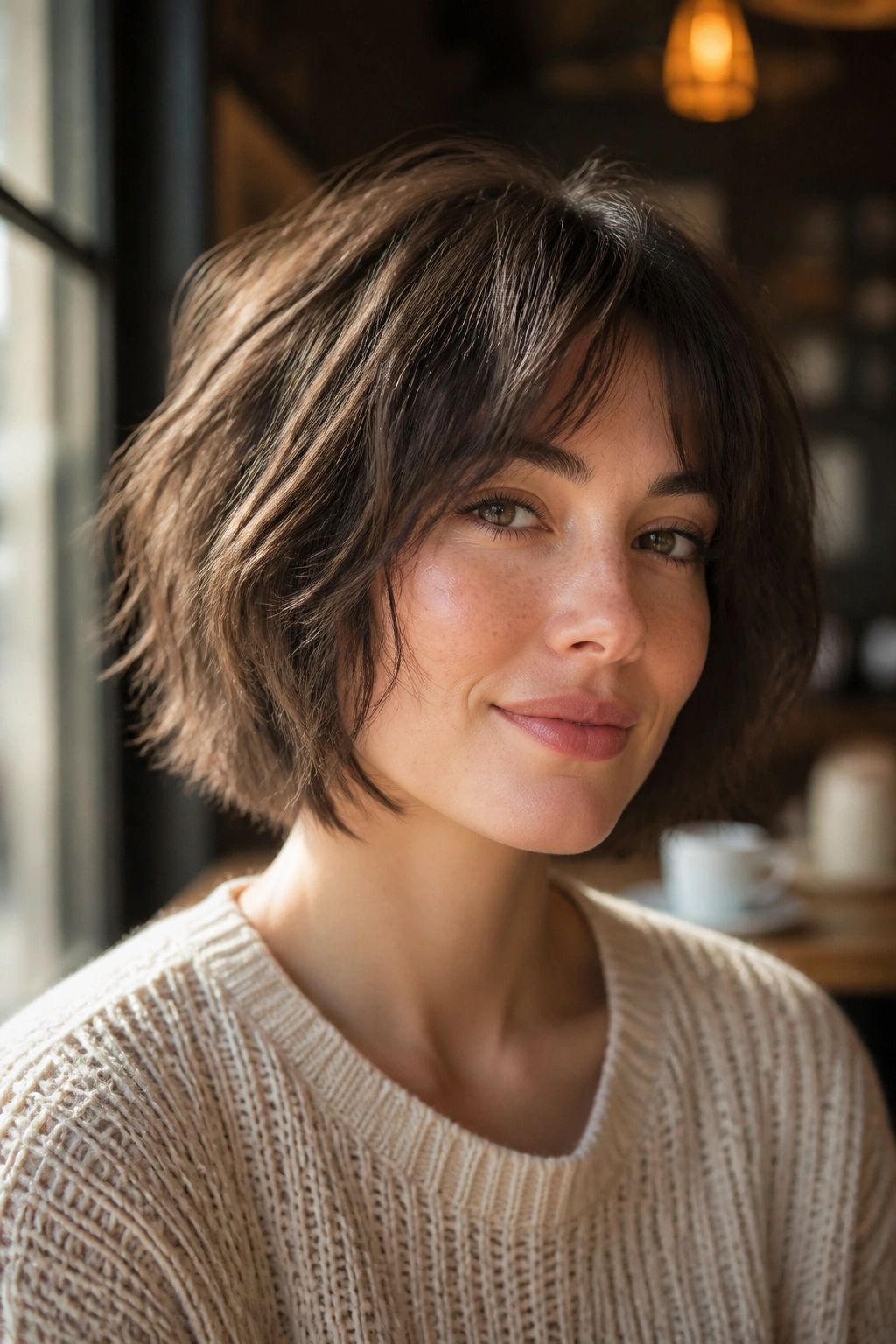 Close-up portrait of a real woman with a chin-length shag bob in soft morning light