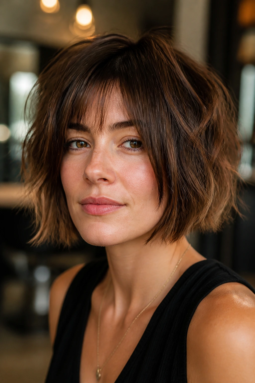 Close-up of a real woman with chin-length shaggy bob