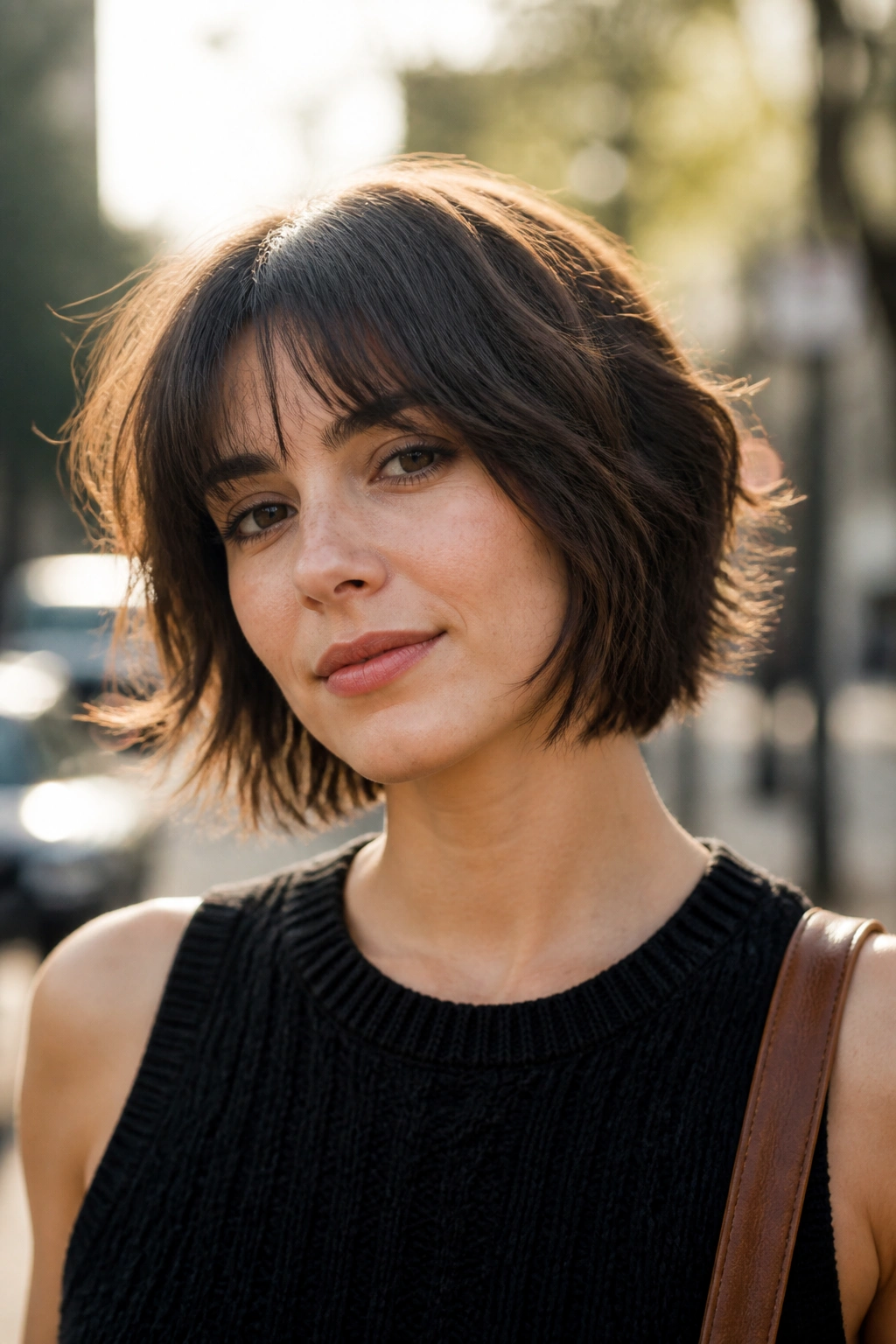 Close-up of a real woman with a chin-length shag bob showing density and soft edge.