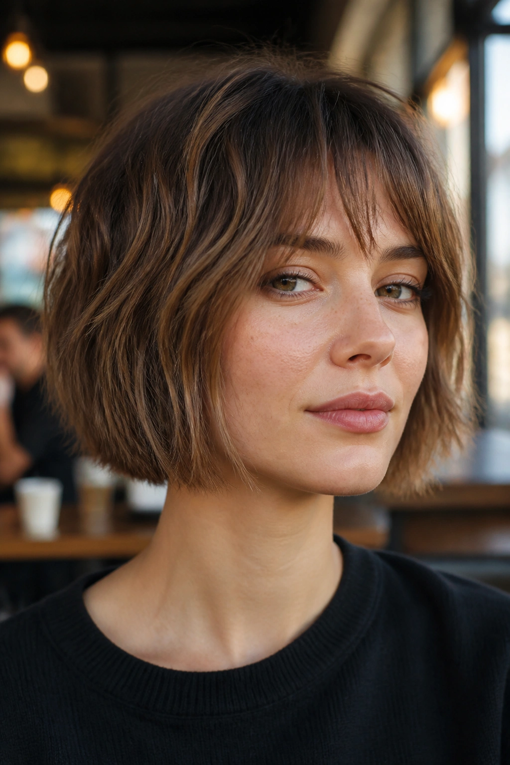 Close-up portrait of a real woman with chin-length shag bob and textured bottom edge