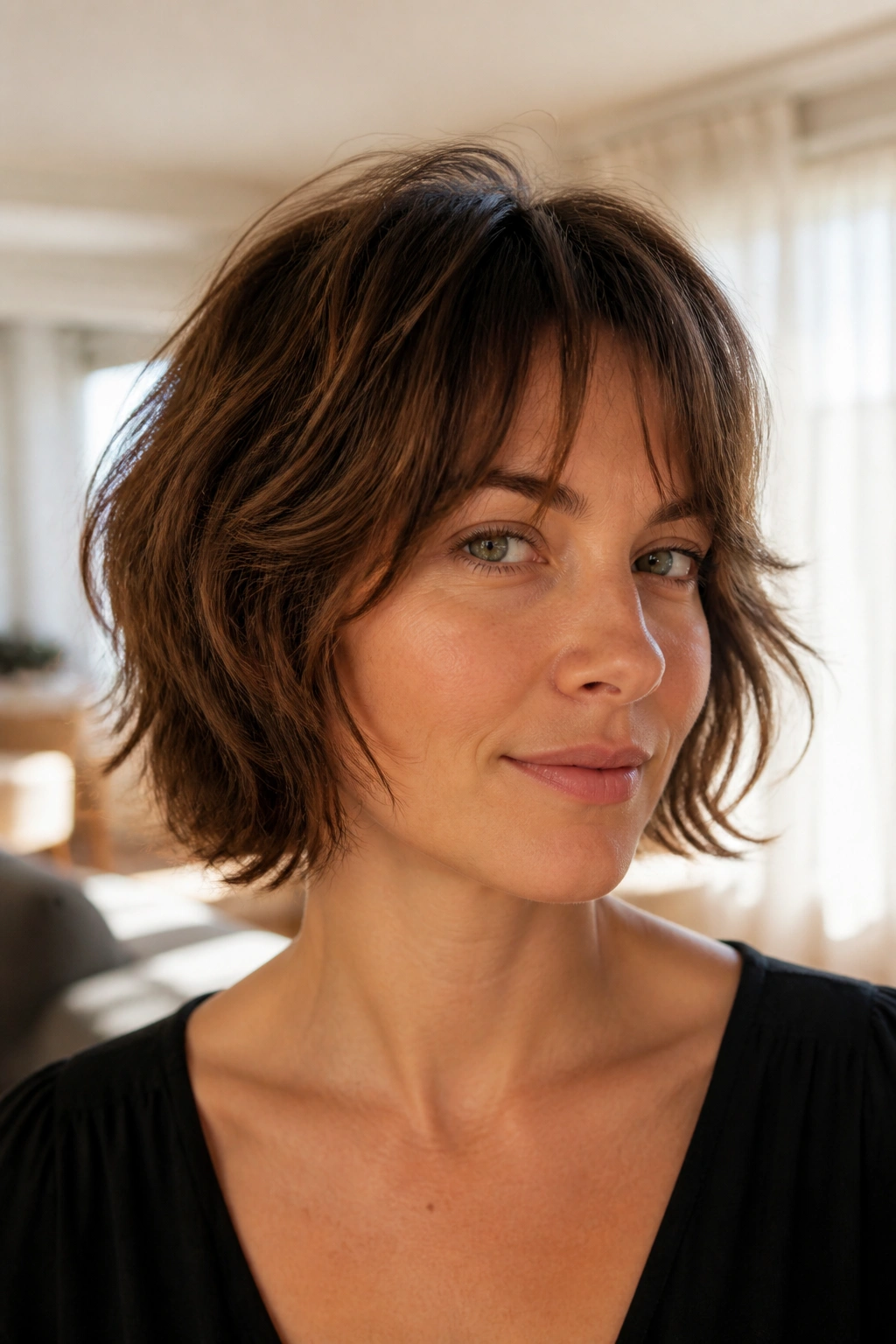 Real woman with chin-length shag bob, jawline-length layers