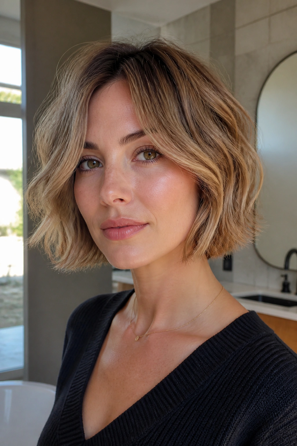 Close-up portrait of a real person with chin-length shag bob and soft ends