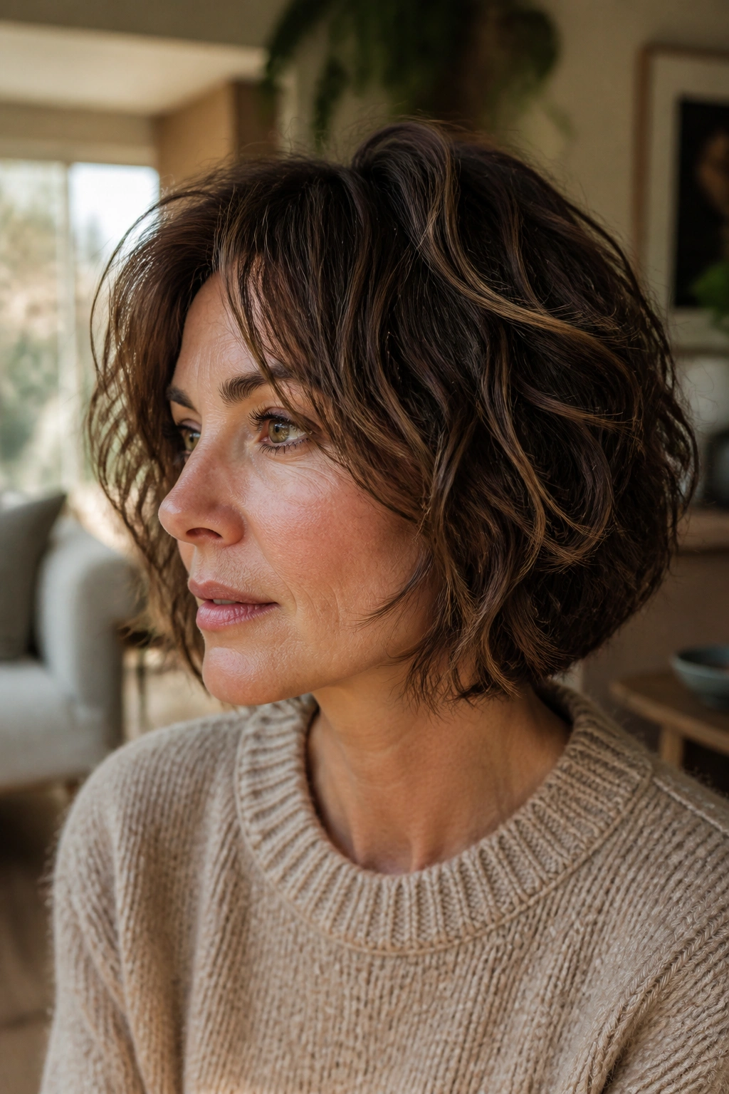 Close-up of a real woman with a chin-length shag bob and tousled waves