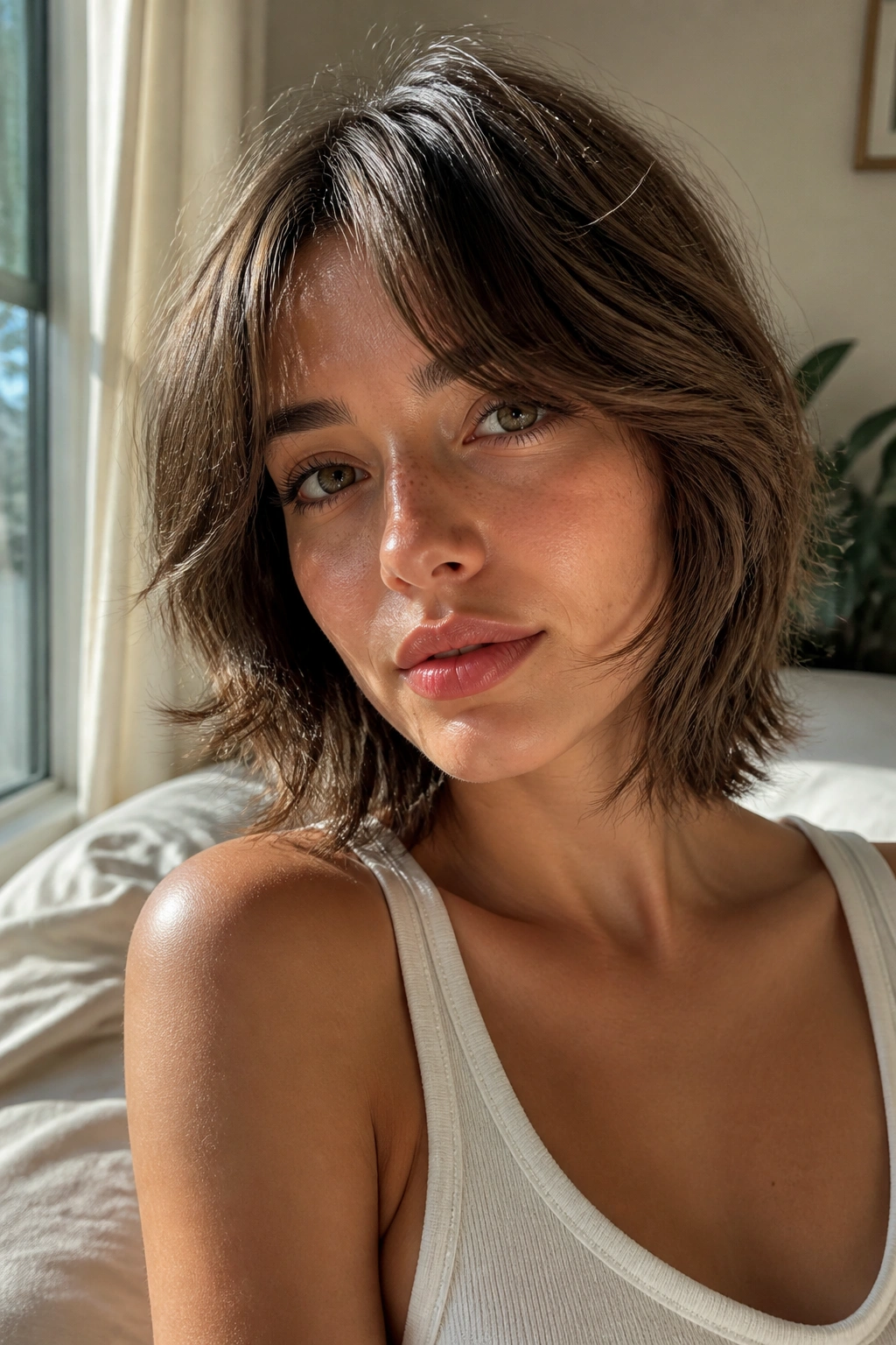 Close-up of a real woman with chin-length shag and curtain bangs