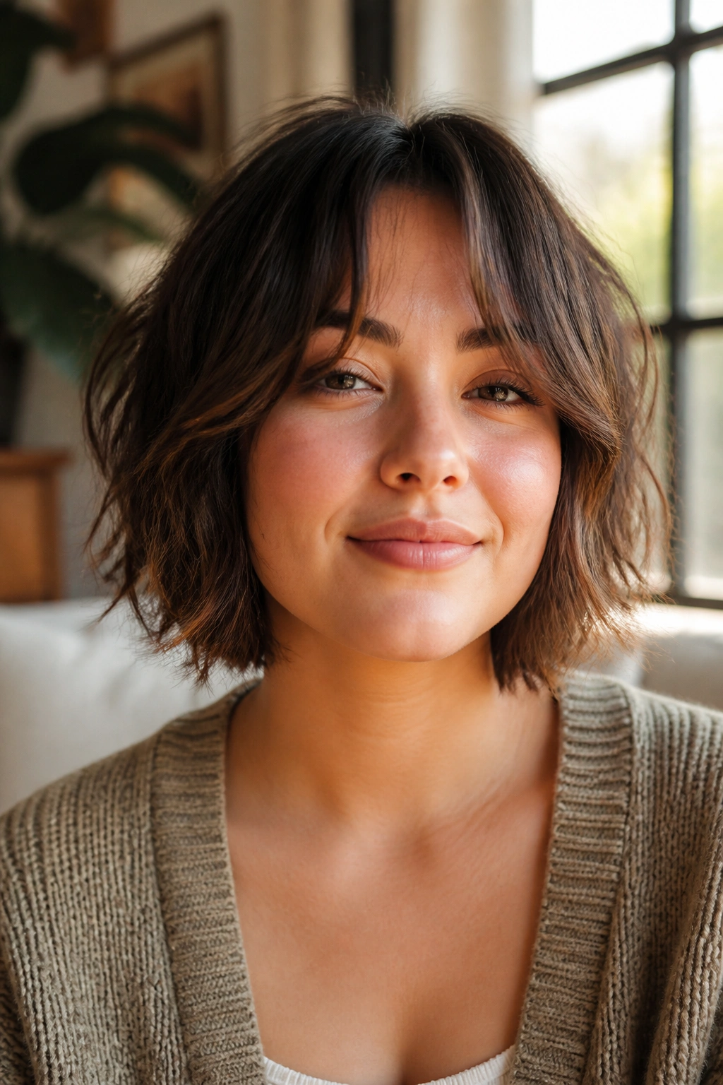 Close-up portrait of a real woman with chin-length shag and curtain bangs on a round face.