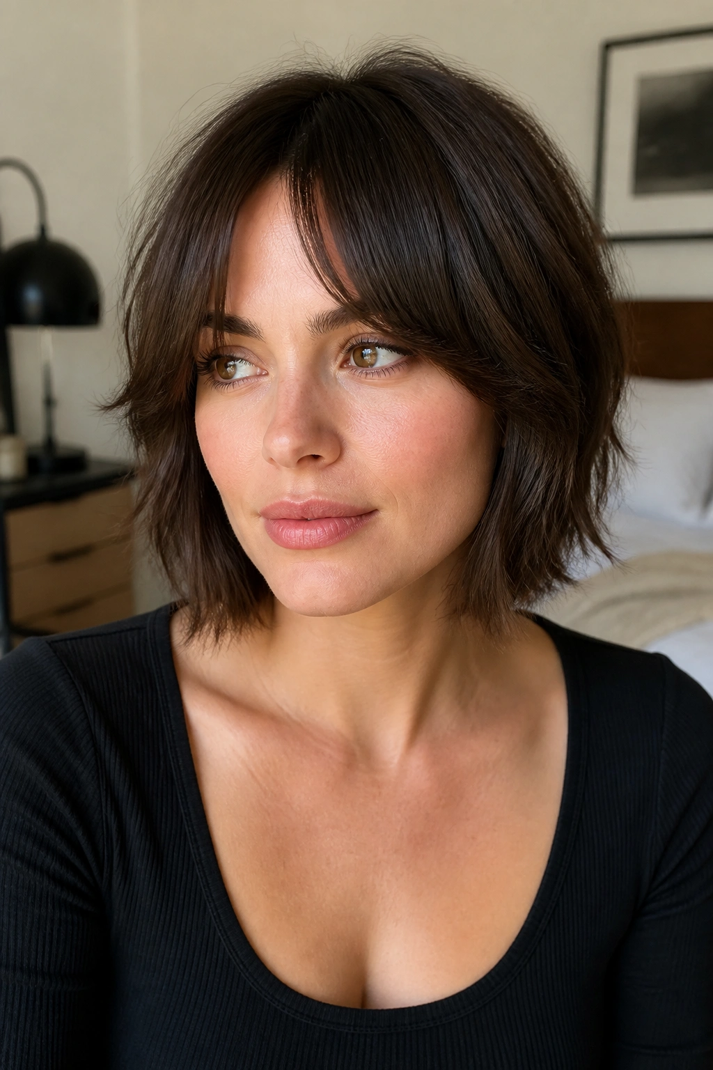 Close-up portrait of a real person with chin-length textured shag and curtain fringe, soft window light