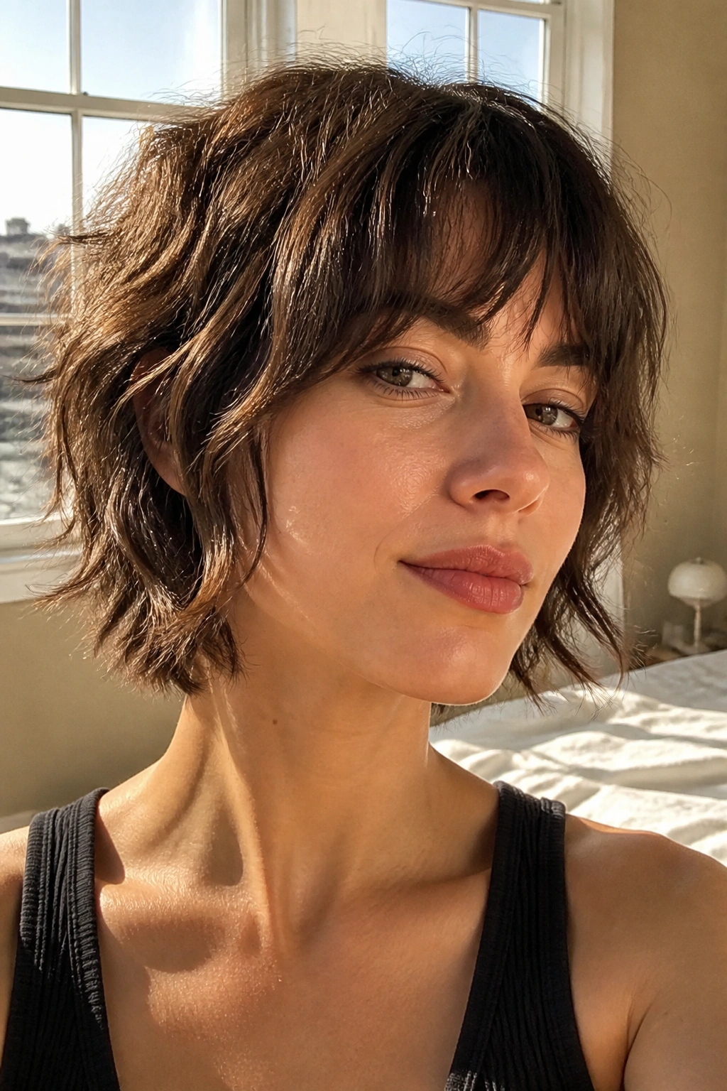 Portrait of a woman with chin-length shag and soft layers in sunlight