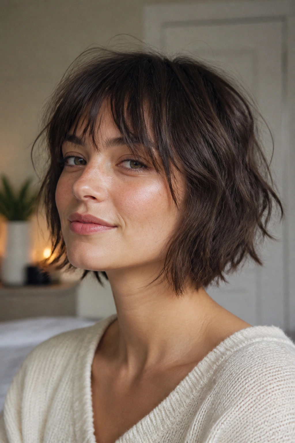 Close-up of a real woman with chin-length shag and wispy fringe under soft natural light