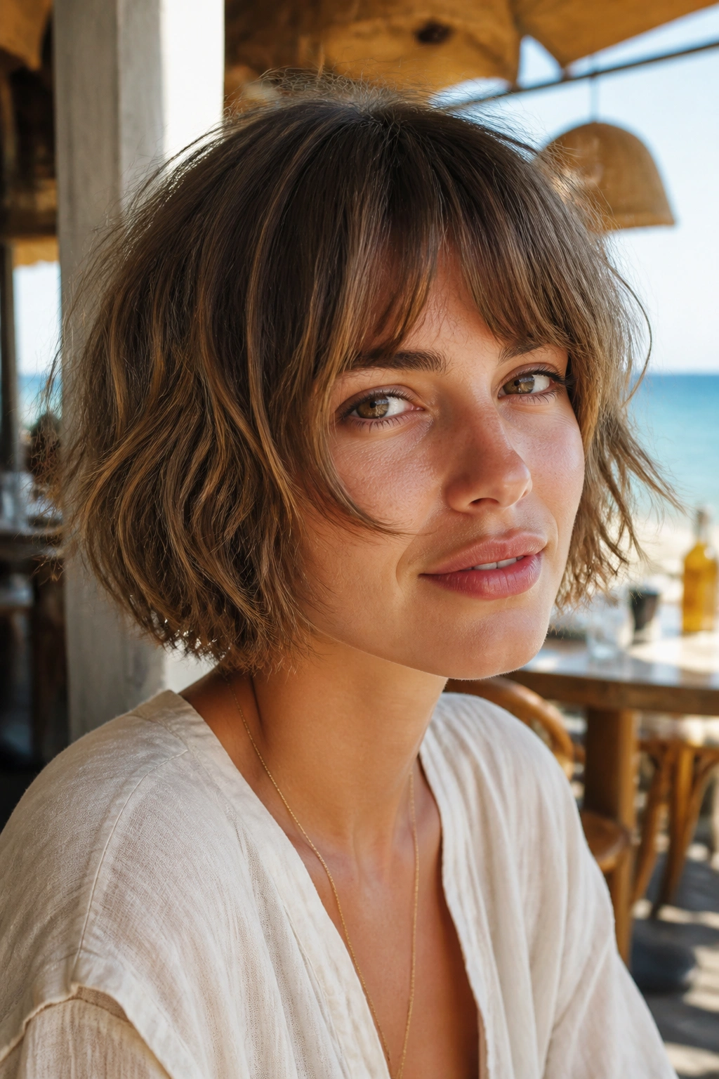 Close-up portrait of a real person with a chin-length shaggy bob and beachy fringe in warm cafe light