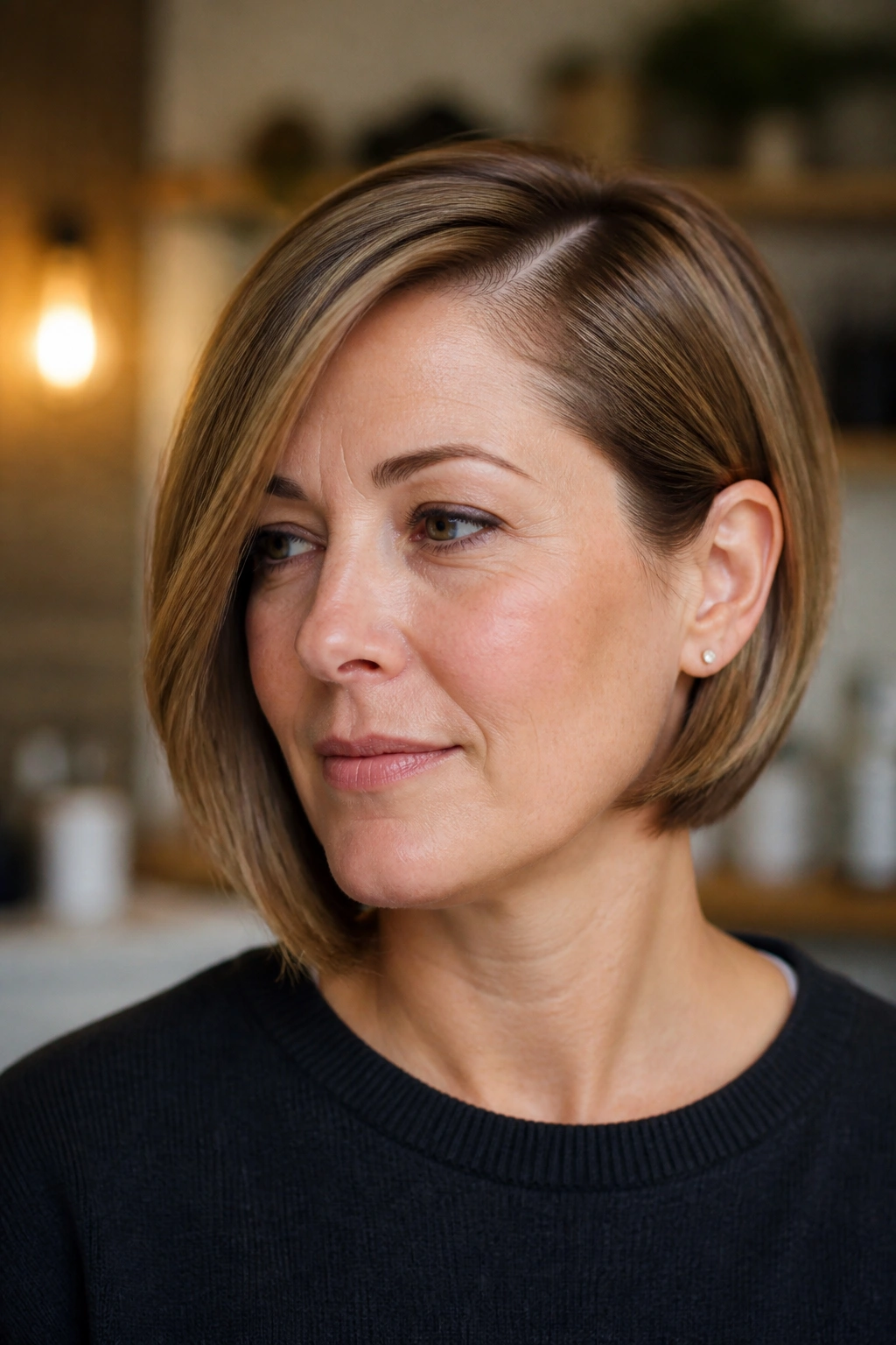 Close-up of a woman with a chin-length bob and side part showing asymmetry