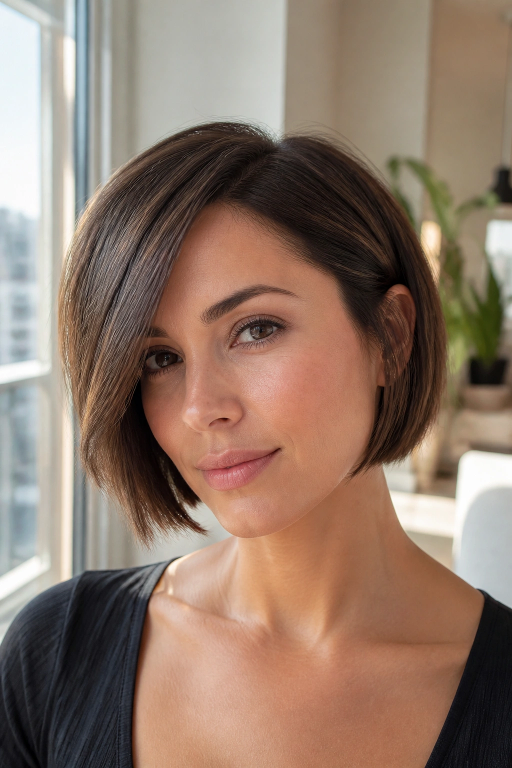 Close-up of woman with chin-length side-swept bob and layered ends