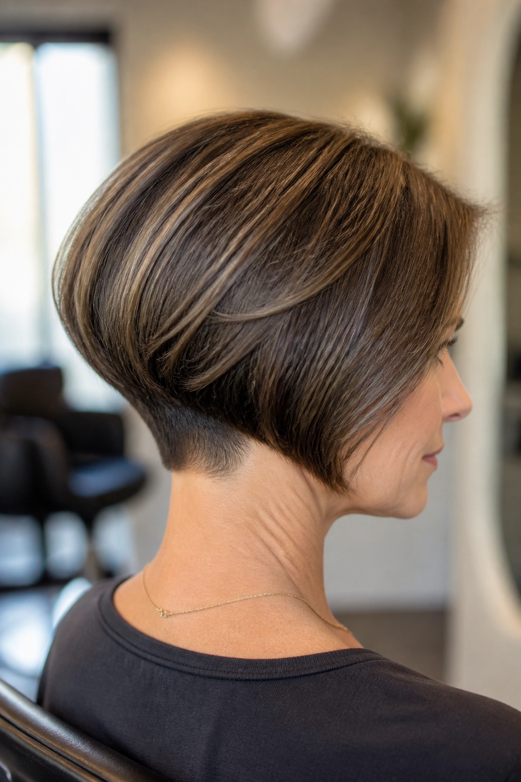Close-up portrait of a real woman with chin-length stacked bob and tight nape in a chic salon