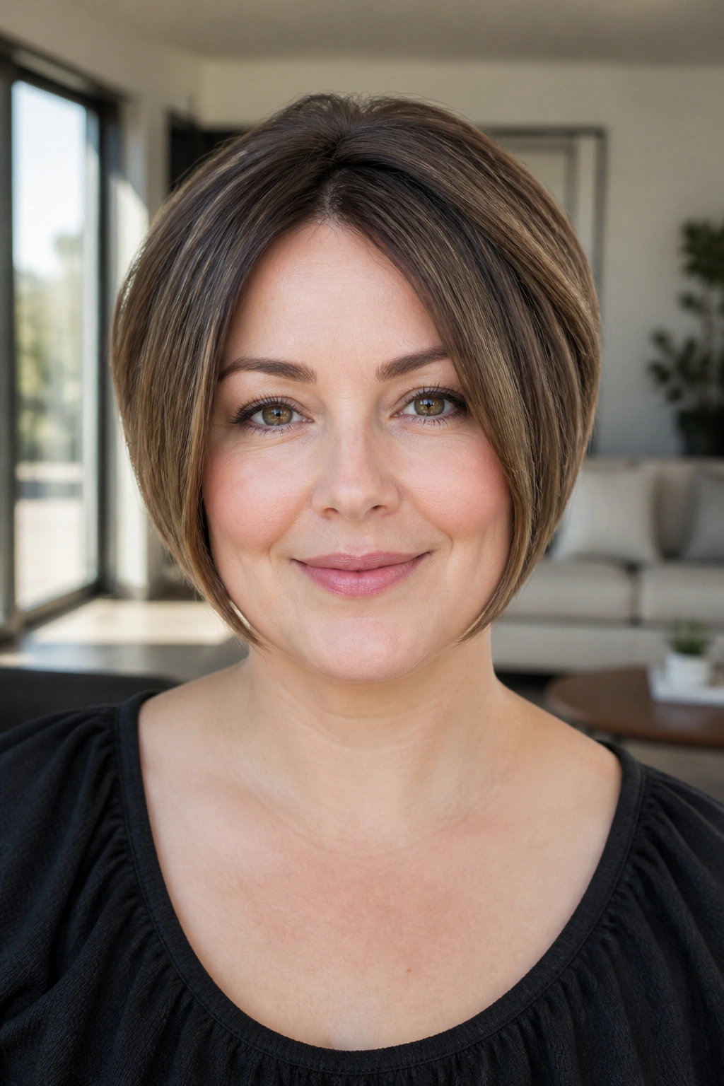 Close-up of real woman with chin-length stacked bob
