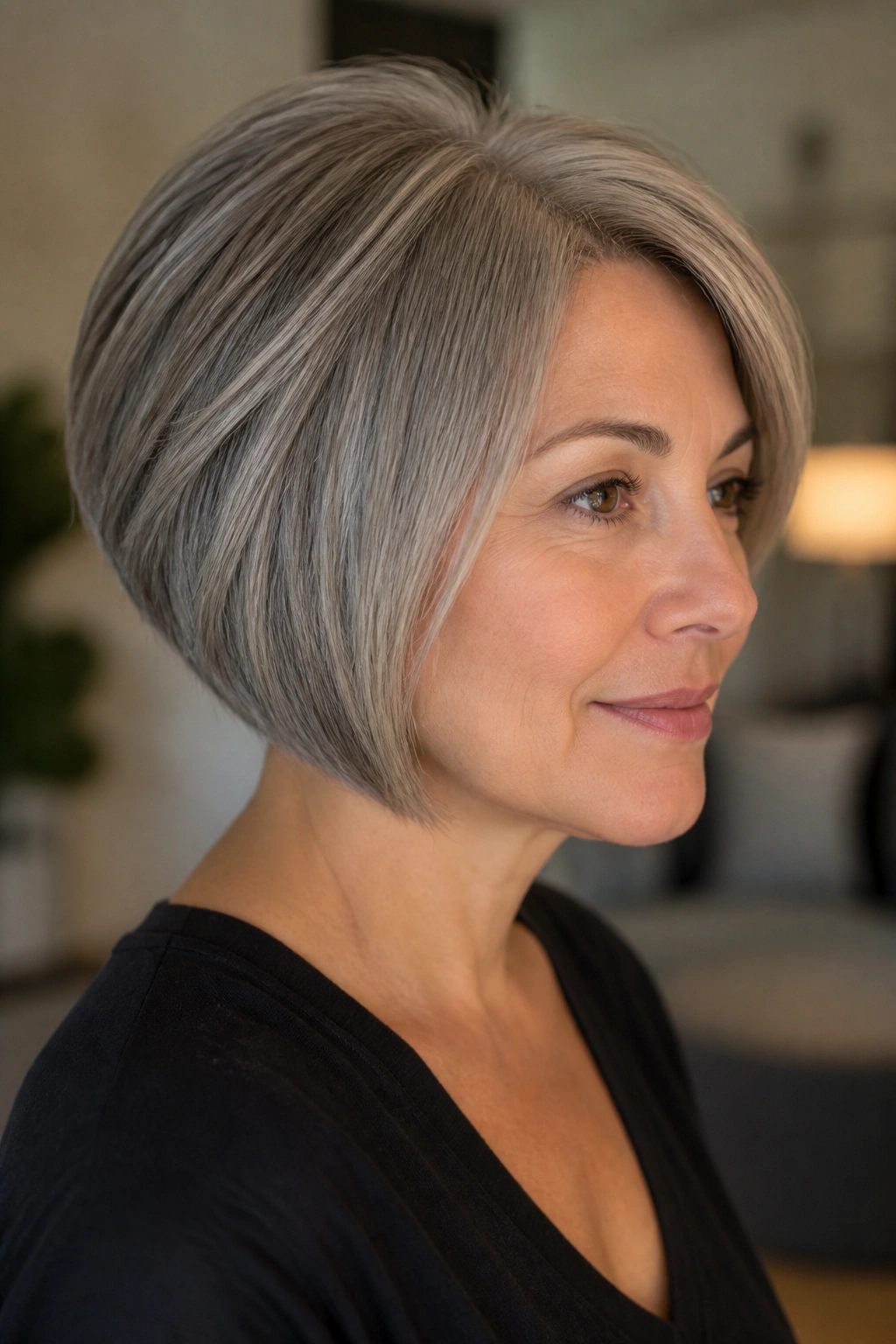 Portrait of a real person with a stacked chin-length bob