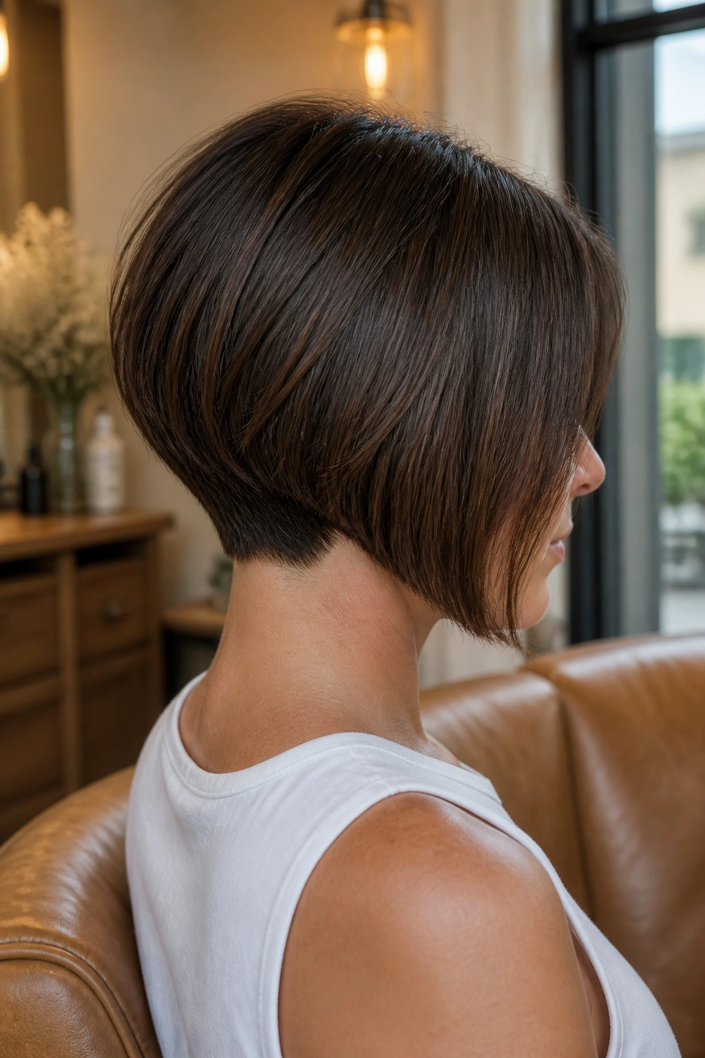 Close-up of a real woman's chin-length stacked bob with a crisp nape line, warm window light