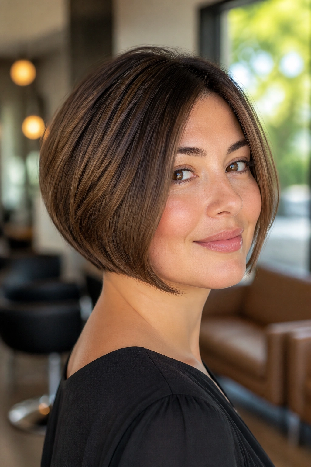 Close-up portrait of a real woman with chin-length stacked bob emphasizing jawline