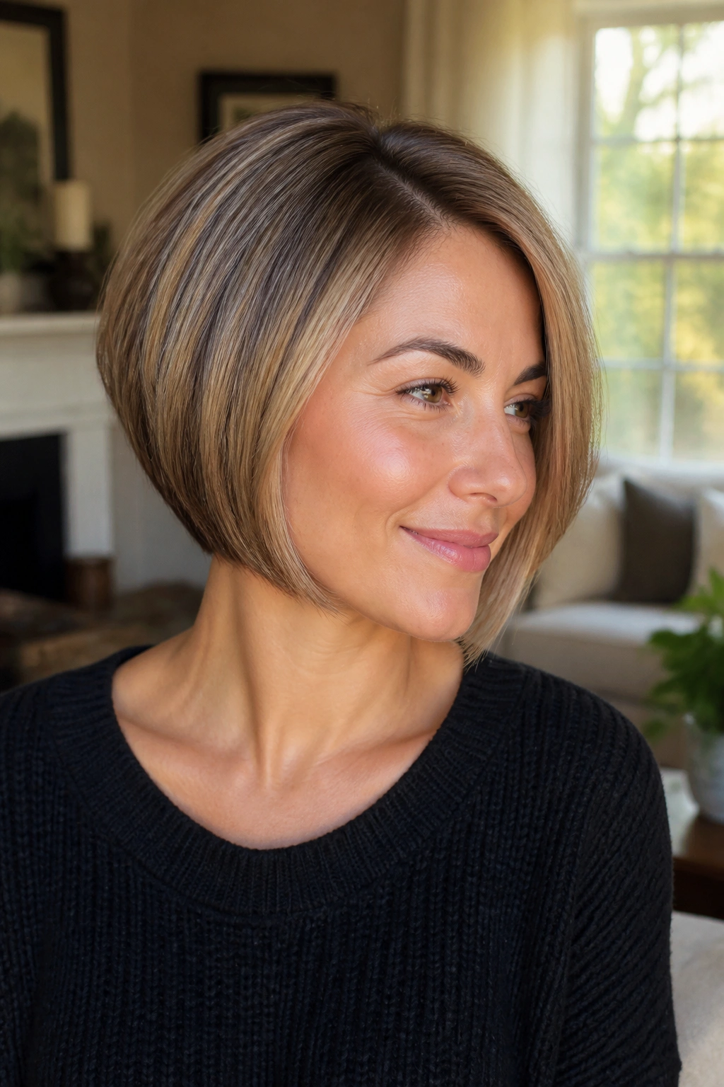 Close-up portrait of a real woman with chin-length stacked bob and side part in warm window light