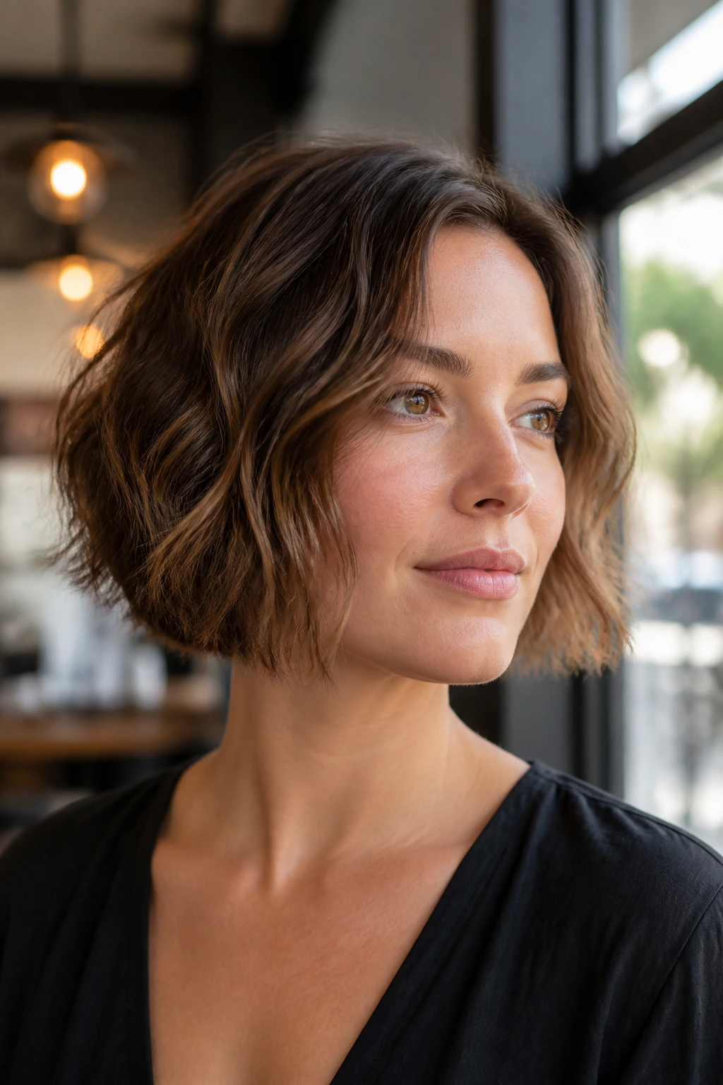 Close-up of a real woman's chin-length textured bob in natural daylight