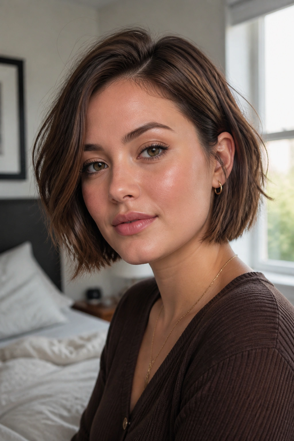 Close-up portrait of a real woman with a chin-length textured bob in chestnut brown, side-tucked for round-face balance.
