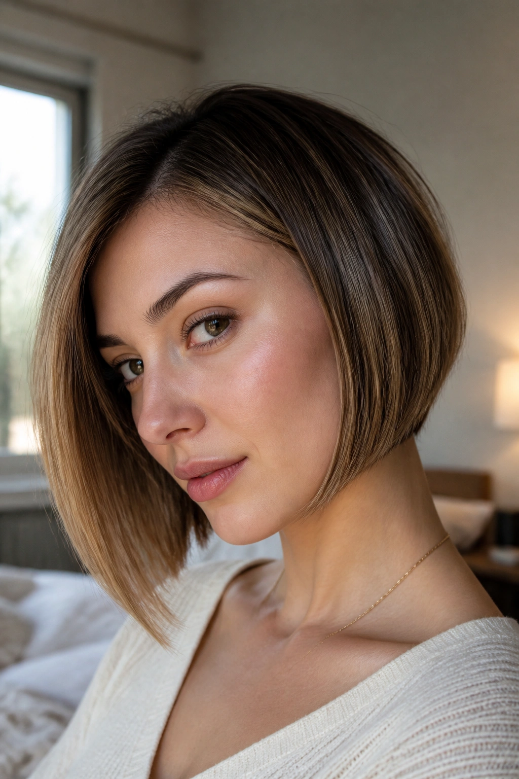 Close-up of a real woman with a chin-length tilted bob, jaw framing and movement
