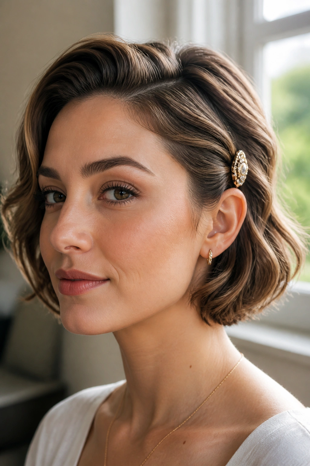 Close-up of chin-length bob with waves swept back and clip behind the ear