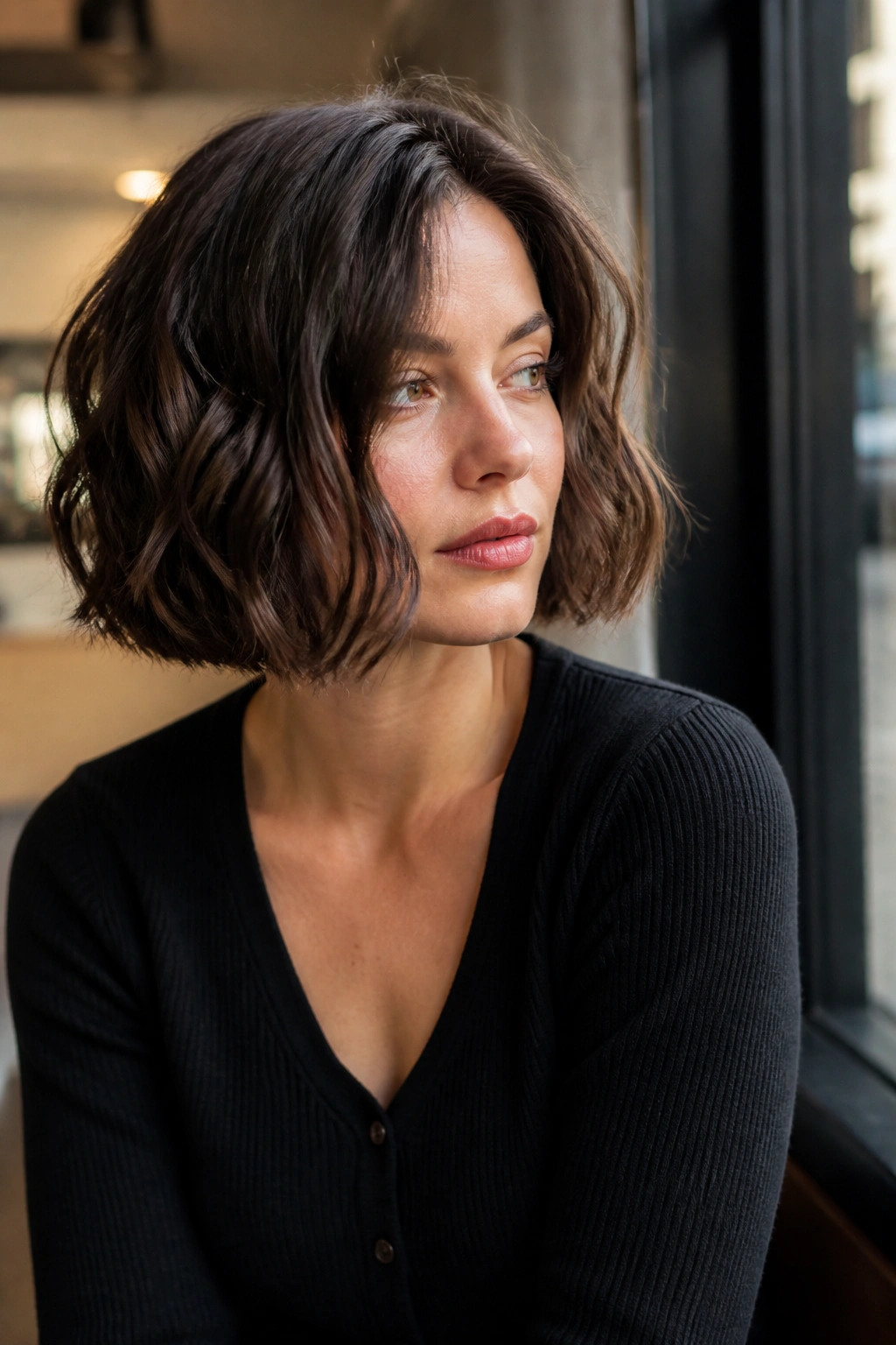 Close-up of real woman with chin-length wavy bob