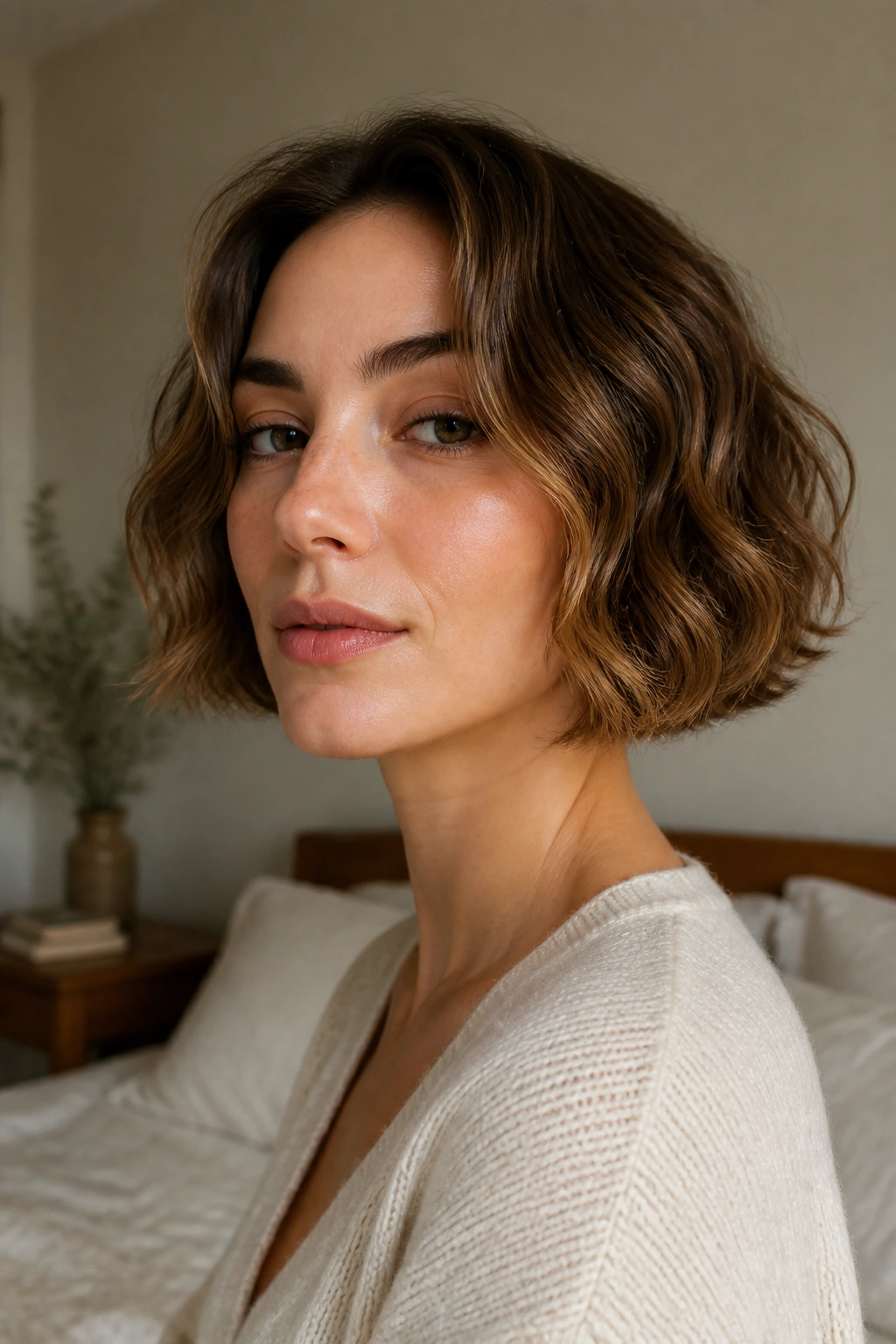 Close-up of a real woman with a chin-length wavy bob in natural window light