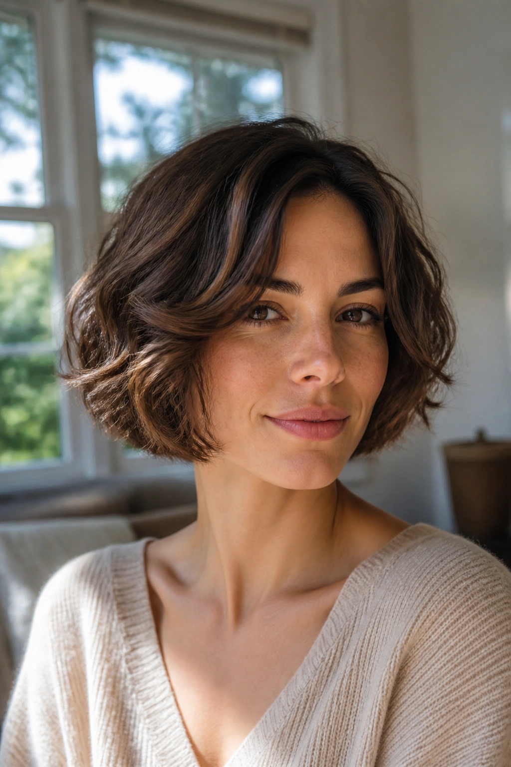 Close-up portrait of a woman with a chin-length wavy bob framing the jaw
