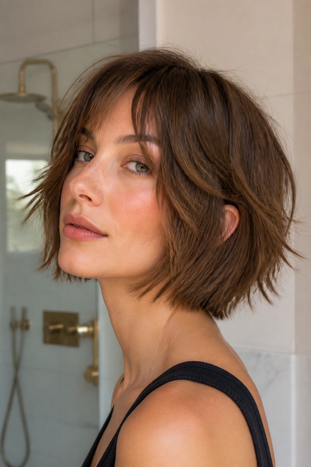 Close-up of a real woman with chin-length wolf cut, jawline defined