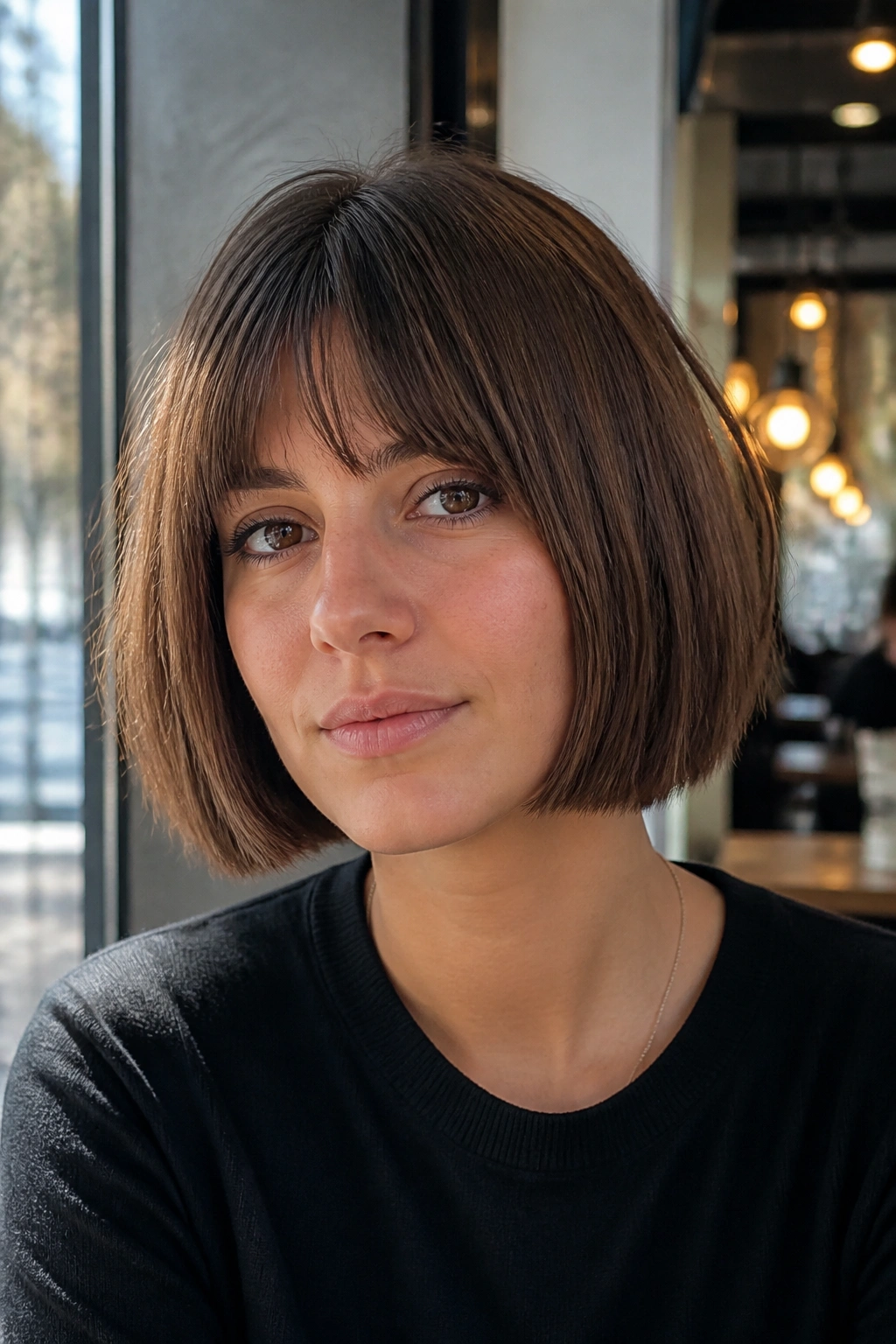 Close-up of a woman with chin-skimming blunt bob in cafe window light