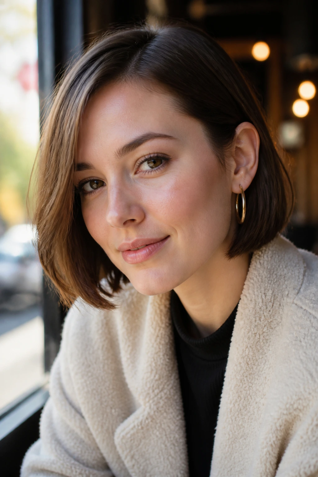 Real woman with chin-skimming bob tucked behind one ear