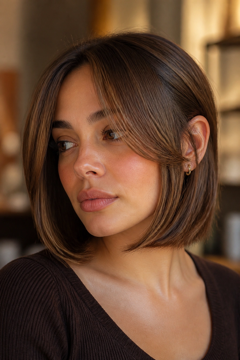 Close-up portrait of a real woman with chin-skimming curtain bangs and face-framing hair