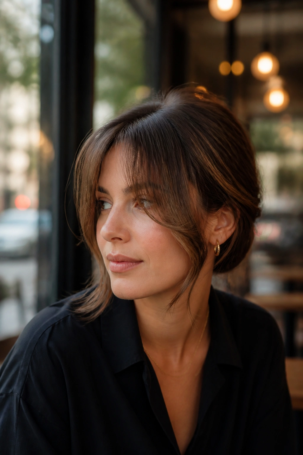 Close-up portrait of a woman with chin-skimming curtain bangs at a cafe window