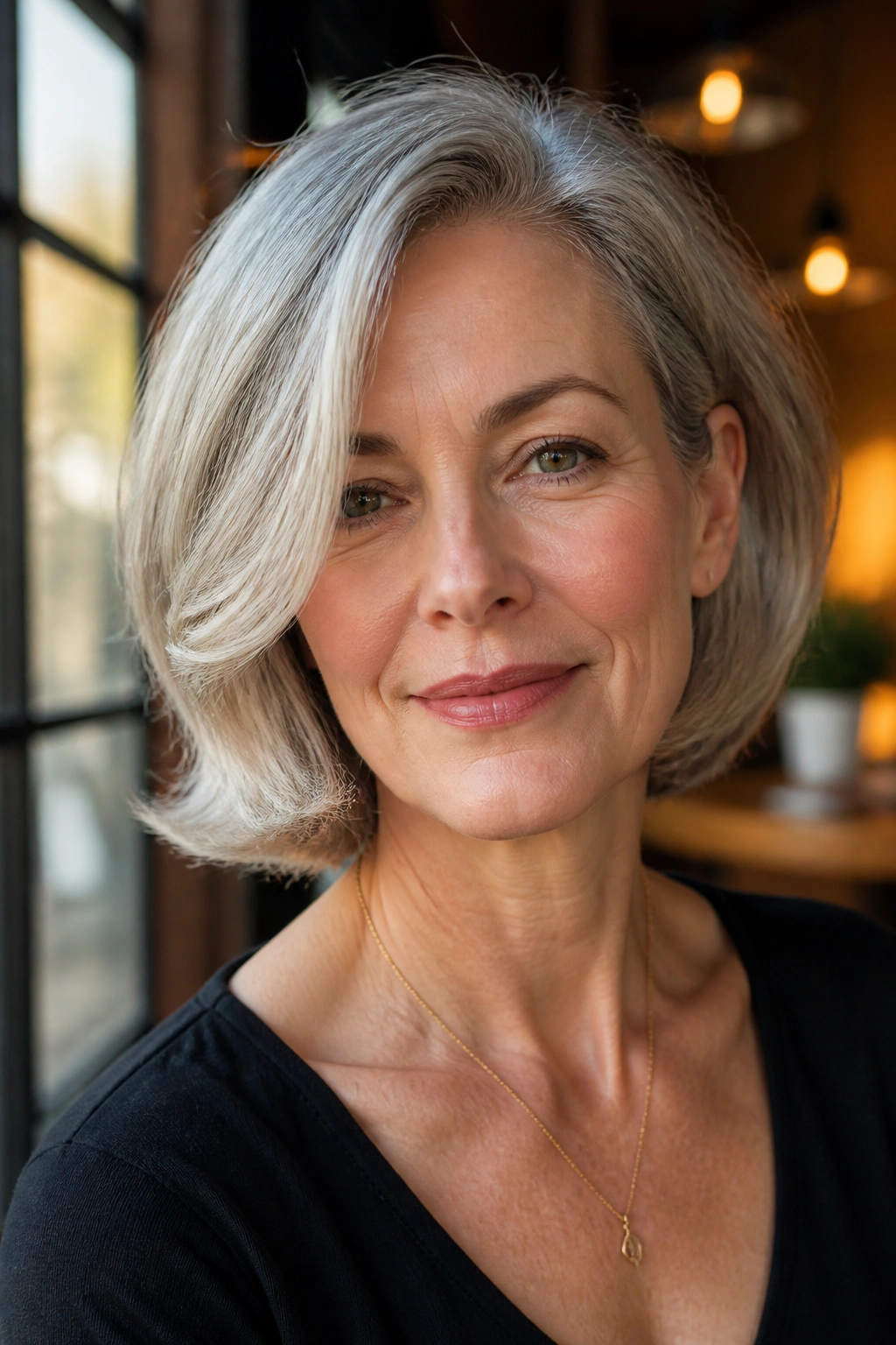Portrait of a person with a chin-skimming flip hairstyle and side bend.