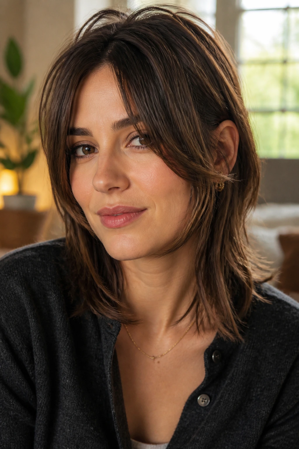 Close-up portrait of a real woman with chin-skimming fringe opening at the center in a cozy living room