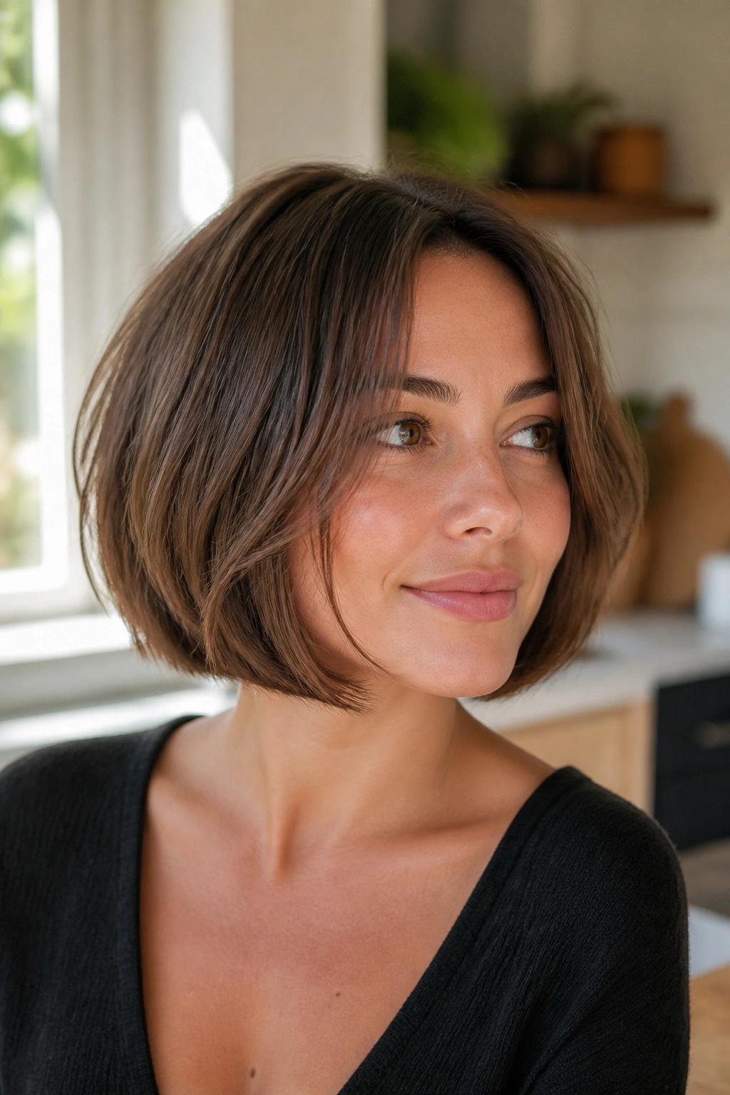 Real woman with chin-skimming bob and internal layers in a bright kitchen light