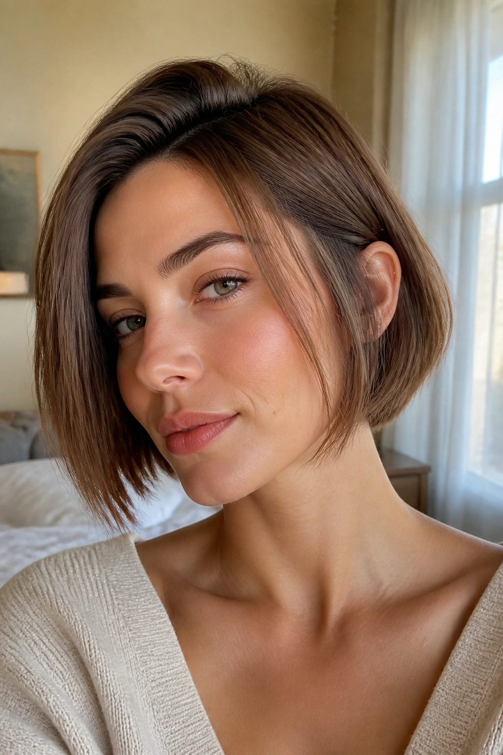 Close-up of a chin-skimming inverted bob with wispy ends on a real person.