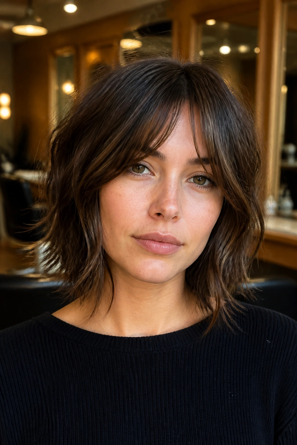 Close-up of chin-skimming shag with split fringe on a real woman's round face