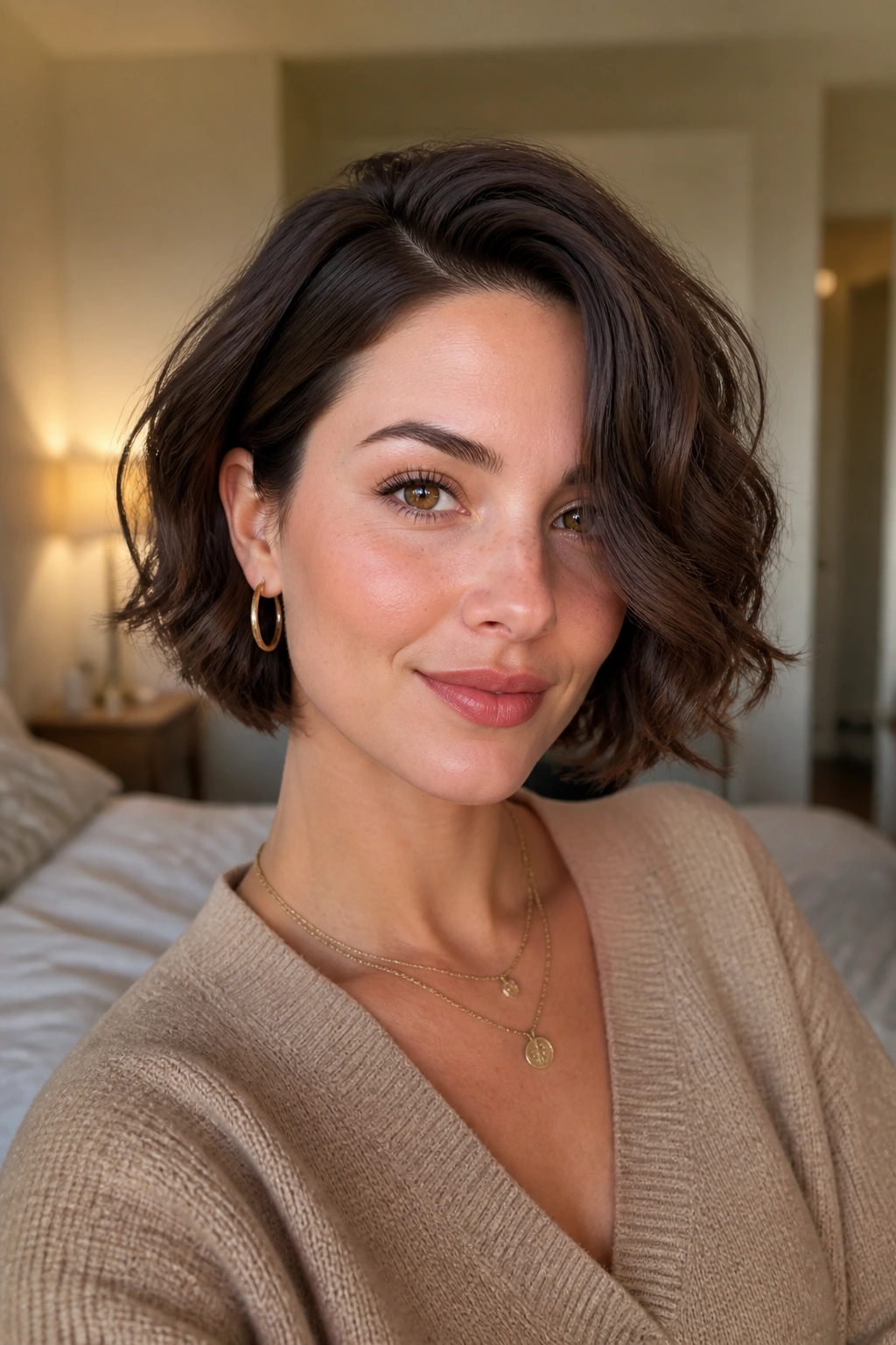 Close-up of chin-skimming wavy bob with deep side part on a real woman under natural light