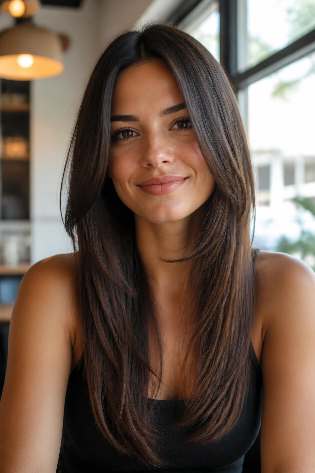 Front-facing portrait of a real woman with chin-start long layers
