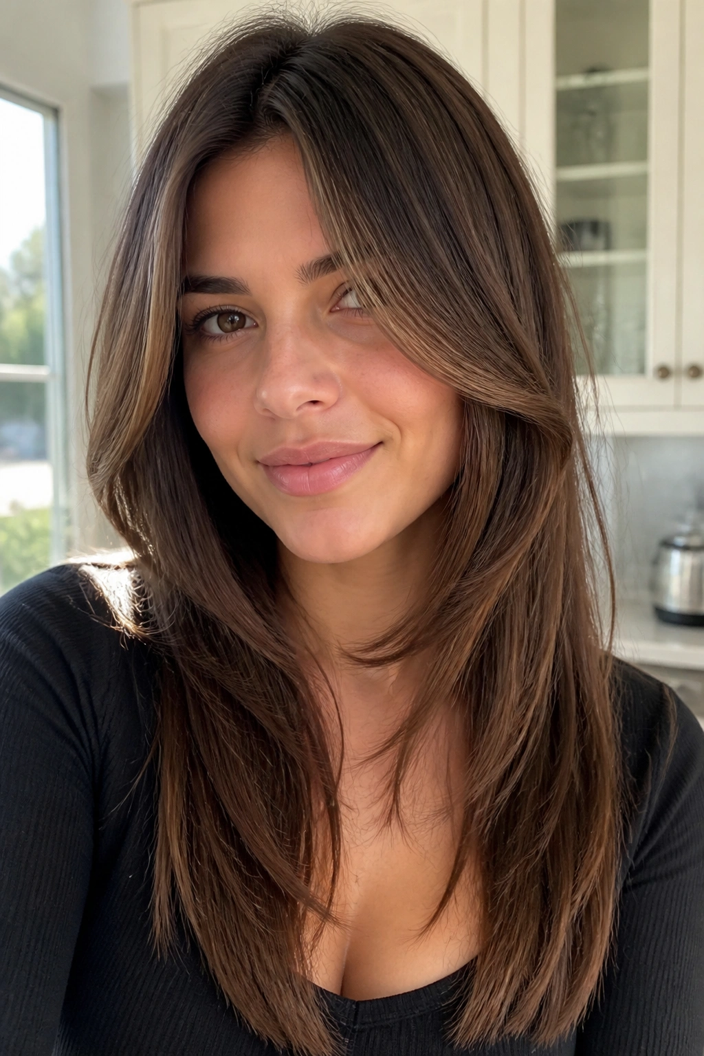 Close-up portrait of a real woman with chin-starting face-framing layers defining the jawline