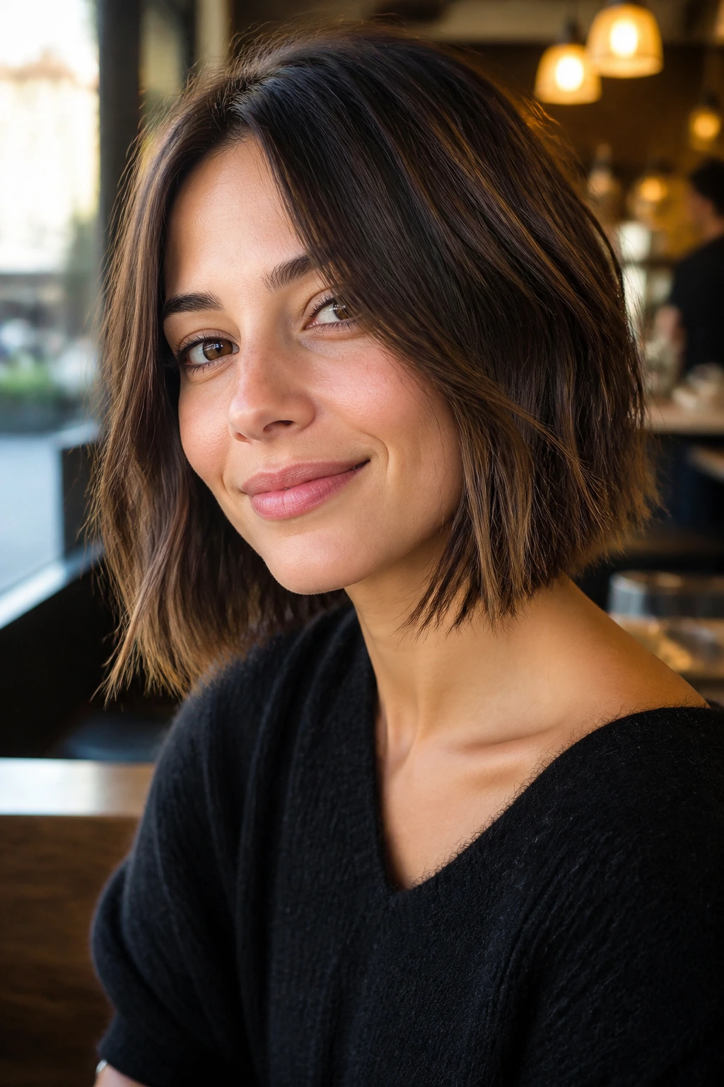 Close-up portrait of a real woman with a chin-to-collarbone transition bob