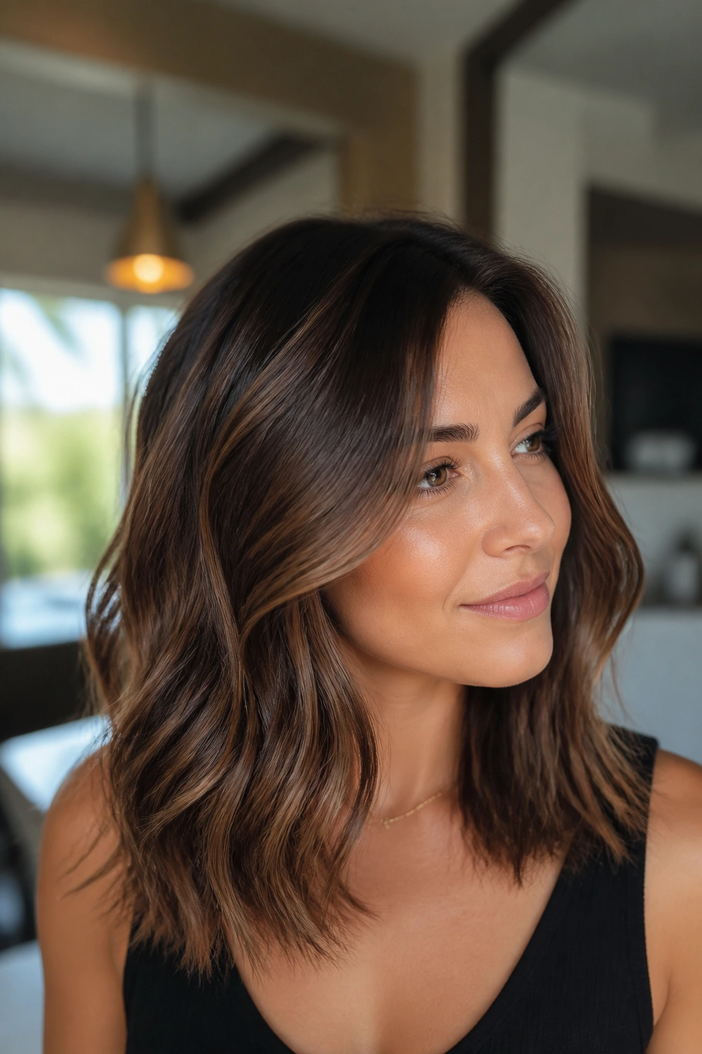 Close-up portrait of brunette with chocolate balayage ribbons through mid-lengths